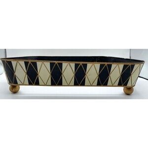 Vintage Harlequin Enamel Casserole Dish Holder Stand Hand Painted Footed 14x10